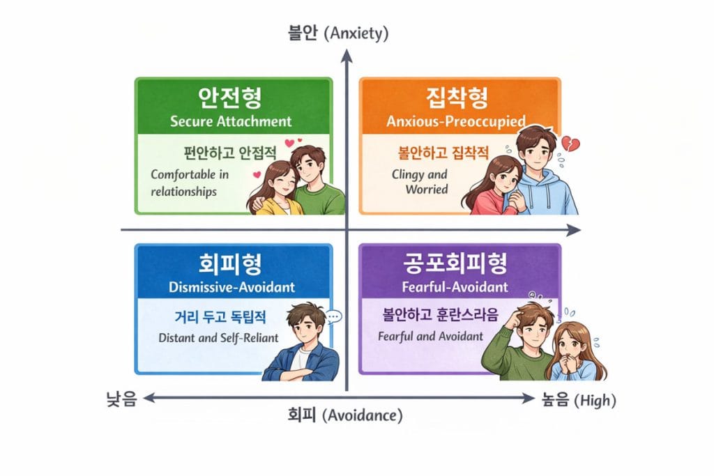 성인 애착 유형 테스트 결과 4가지 유형 사분면