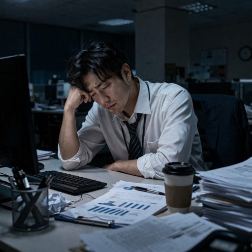 직장인 번아웃 극복이 필요한 한 직장인이 퇴근 후 불이 거의 꺼진 사무실에서 책상 앞에 앉아 지친 표정으로 고개를 숙이고 있는 모습