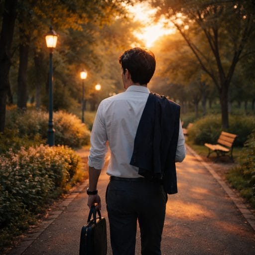 직장인 번아웃 극복을 위해 해 질 무렵 공원길을 천천히 걸으며 퇴근 후 회복 시간을 보내는 직장인의 뒷모습