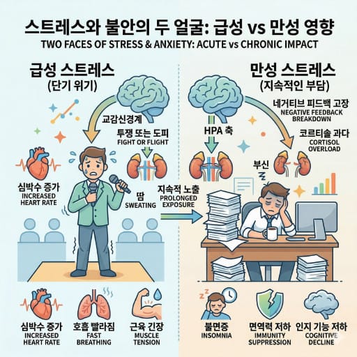 한쪽은 긴장된 발표 장면, 다른 한쪽은 지친 일상 장면을 대비해 보여주는 구성으로, 스트레스와 불안이 몸에 미치는 영향의 급성과 만성 차이를 설명하는 이미지
