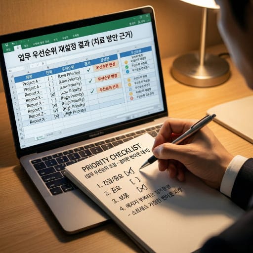 체크리스트를 보며 노트북 앞에서 업무 우선순위를 다시 정리하는 직장인의 손과 메모 장면으로, 번아웃 자가진단 결과가 경미할 때 할 일을 조정하는 모습