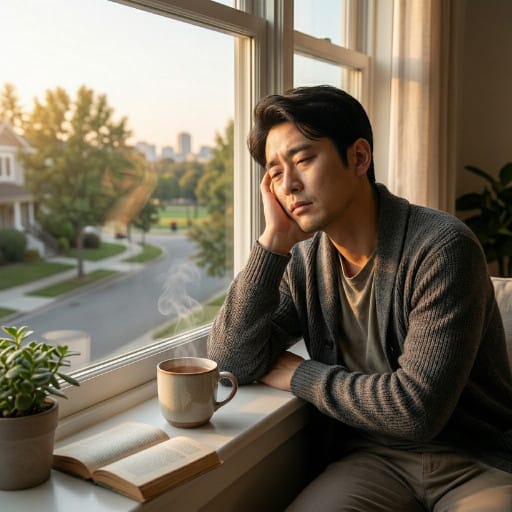 창가에 앉아 지친 표정으로 쉬고 있는 직장인과 따뜻한 차 한 잔이 놓인 장면으로, 번아웃 자가진단 결과가 높아 휴식과 회복이 필요한 상태를 보여주는 모습