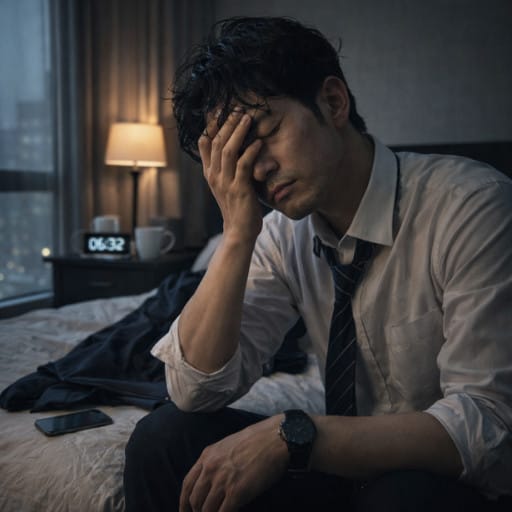 직장인 번아웃 극복이 필요한 한 직장인이 아침 출근 준비를 하며 한숨을 내쉬고 무거운 표정으로 서 있는 현실적인 장면