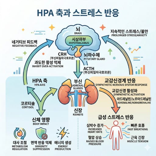 스트레스와 불안이 몸에 미치는 영향이 HPA 축과 교감신경계 반응으로 이어지는 과정을 단순하게 보여주는 인포그래픽