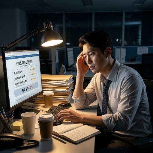 야근이 반복된 직장인이 늦은 밤 사무실 책상 앞에 앉아 번아웃 자가진단 결과를 확인하며 피로와 무기력 상태를 점검하는 모습
