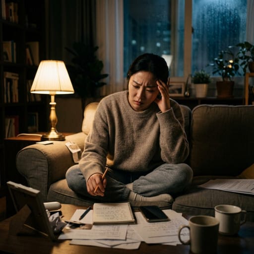 가스라이팅 테스트를 하며 관계 속 혼란과 자기 의심을 점검하는 사람이 조용한 공간에서 질문을 읽고 생각하는 모습